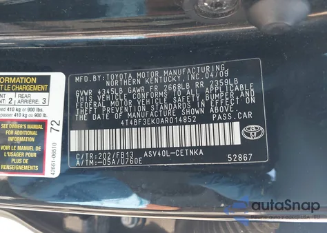 2010 Toyota Camry z USA, uszkodzony, nr VIN 4T4BF3EK0AR014852